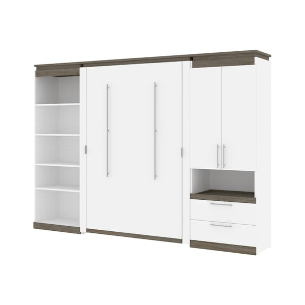 Orion 118W Full Murphy Bed with Multifunctional Storage (119W), White & Walnut Grey